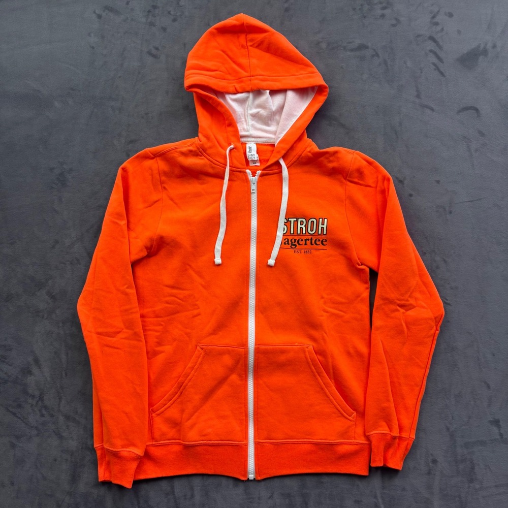 District Stroh Jagertee Full Zip Hoodie Orange Concert Fleece Small SHOTS Logo